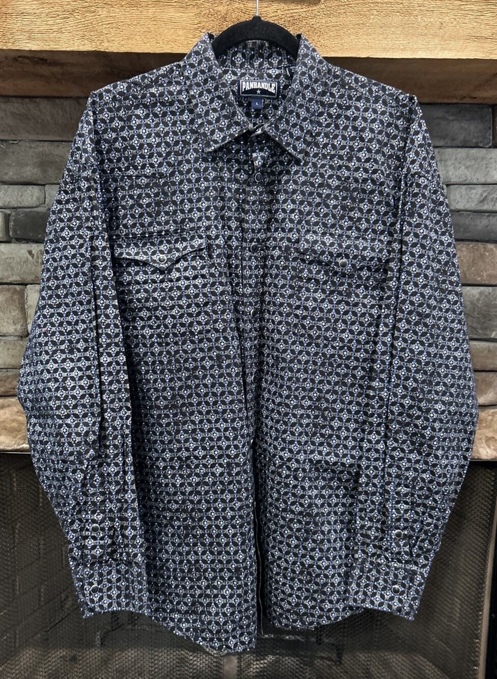 Men’s PANHANDLE Black / Blue Pearl Snap Western Long Sleeve Shirt Size L *A3